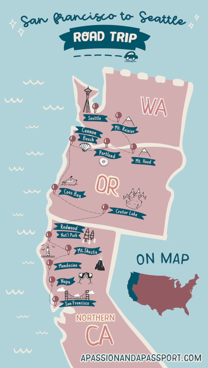 San Francisco to Seattle Road Trip Itinerary: COMPLETE road trip with all stops, where to stay, and top things to do from San Francisco to Seattle (national parks, stunning lakes, best wine, etc)!